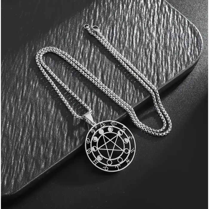 Pentagram Ay Fazları ve Burçlar Çelik Kolye