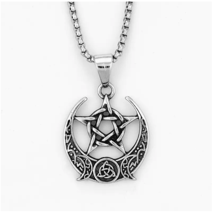 Pentacle Üçlü Ay Triquetra Çelik Kolye